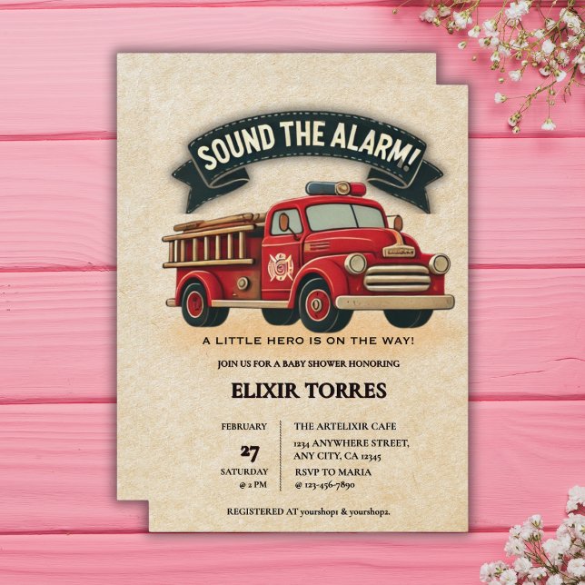 Sound the Alarm! Vintage Firetruck Baby Shower Invitation (Creator Uploaded)
