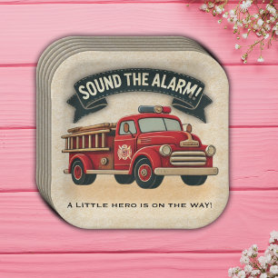 Sound the Alarm! Vintage Firetruck Baby Shower Paper Plate