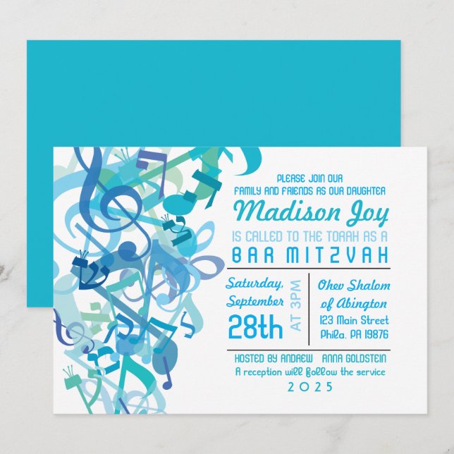 SOUNDS OF THE TORAH Aqua Bat Mitzvah Invitation (Front/Back)