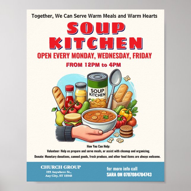Soup Kitchen Donation & Volunteer Flyer  Poster (Front)