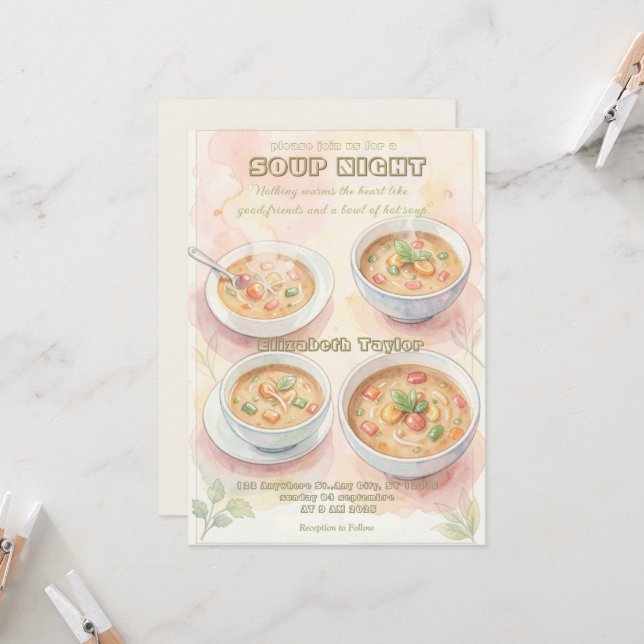Soup Night Dinner Party Invitations (Front/Back In Situ)