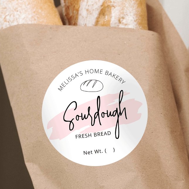 Sourdough Bread Bakery Pink Watercolor Round Label (Modern pink aesthetic watercolor bread baker packaging labels with fully editable text & colors)
