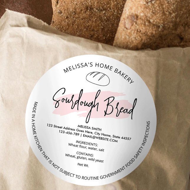 Sourdough Bread Modern Pink Cottage Law Label (Modern pink watercolor bread cottage law labels with ingredients, your address and business name)