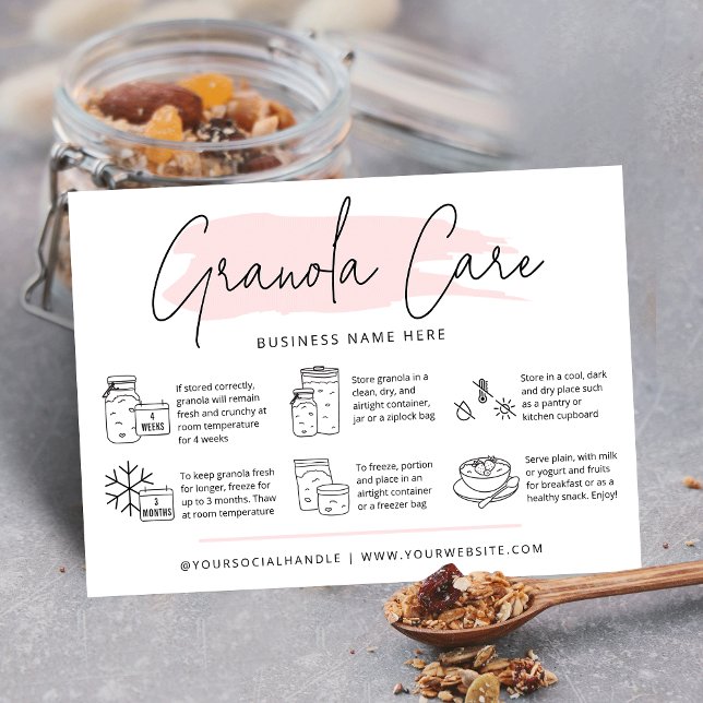 Sourdough Granola Care Card Modern Pink Watercolor (Sourdough granola care cards with icons, modern script font and pink watercolor and your logo)