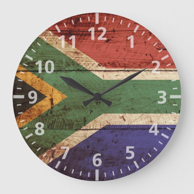 South Africa Flag on Old Wood Grain Large Clock (Front)