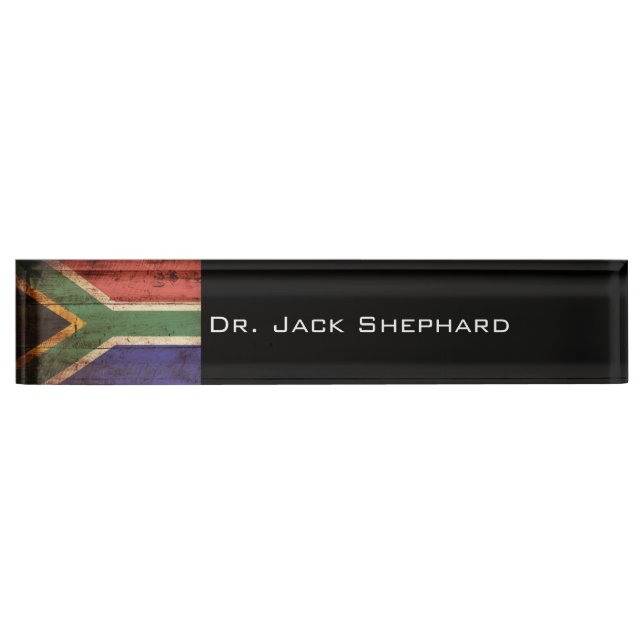 South Africa Flag on Old Wood Grain Nameplate (Front)