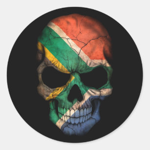 South African Flag Skull on Black Classic Round Sticker