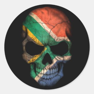 South African Flag Skull on Black Classic Round Sticker