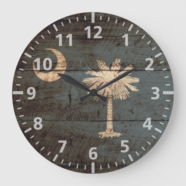 South Carolina State Flag on Old Wood Grain Large Clock (Front)