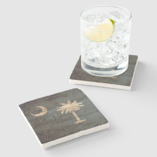 South Carolina State Flag on Old Wood Grain Stone Coaster