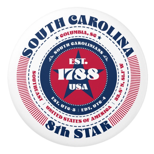South Carolina US State Red White Blue Typography Ceramic Knob (Front)