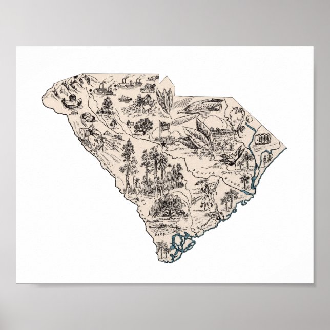 South Carolina Vintage Picture Map Poster (Front)