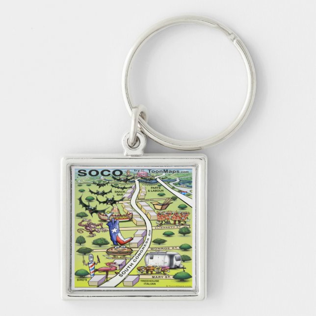 South Congress Ave ATX Cartoon Map Key Ring (Front)