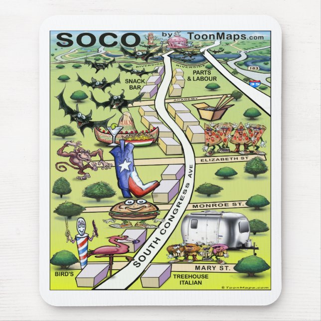 South Congress Ave ATX Cartoon Map Mouse Pad (Front)