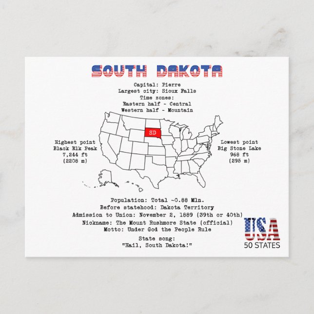 South Dakota American state on a map and details Holiday Postcard (Front)