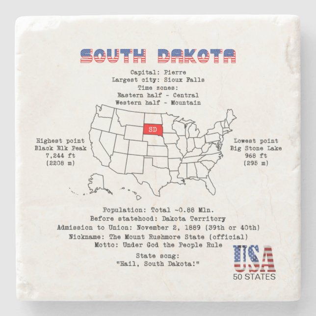 South Dakota American state on a map and details Stone Coaster (Front)