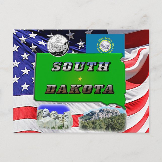 South Dakota Map, Photo Text, Faux Quarter & Flag Postcard (Front)