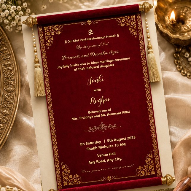  south indian red scroll wedding invitation (Creator Uploaded)