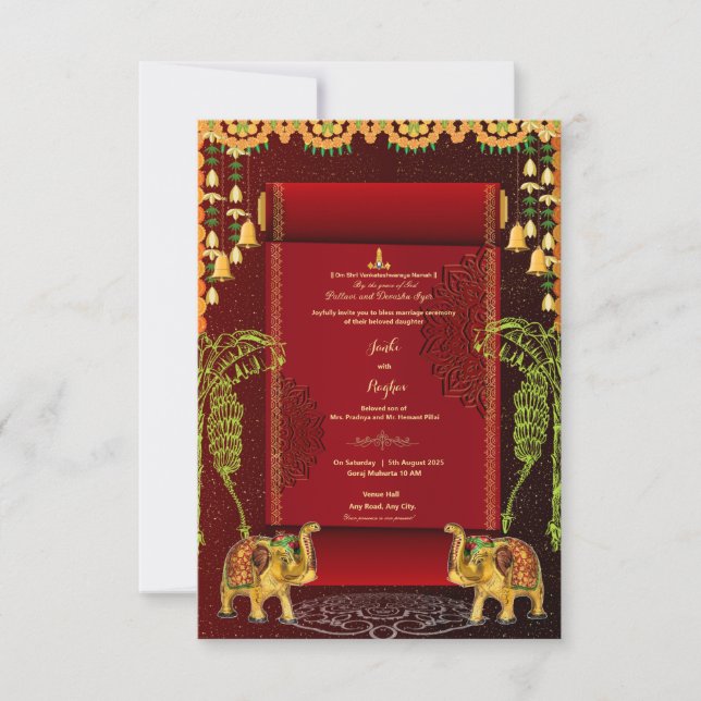  south indian red scroll wedding invitation (Front)