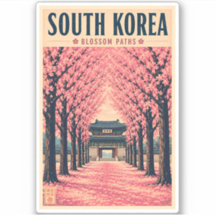 South Korea Cherry Blossom Illustration Travel Art