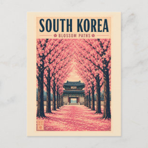 South Korea Cherry Blossom Illustration Travel Art Postcard