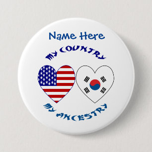 South Korea USA Heart Country Ancestry Personalise 7.5 Cm Round Badge