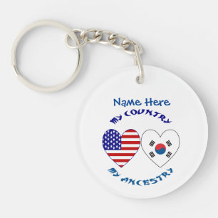 South Korea USA Heart Country Ancestry Personalise Key Ring