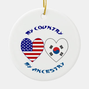 South Korea USA Heart Flag Heritage Ceramic Tree Decoration