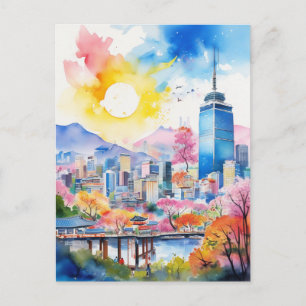 South Korea Watercolor Art Travel Postcard