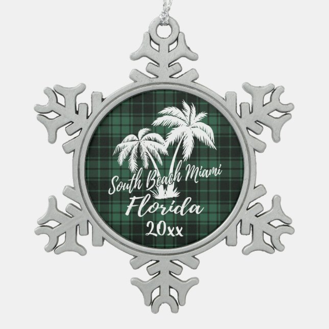 South Miami Beach Florida Palm Green Plaid Snowflake Pewter Christmas Ornament (Front)