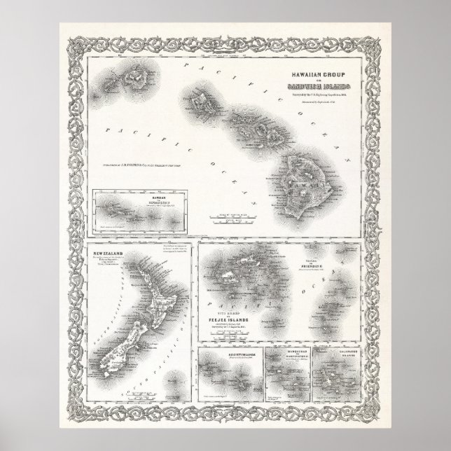 SOUTH PACIFIC & HAWAII ISLANDS MAP 1855 POSTER (Front)