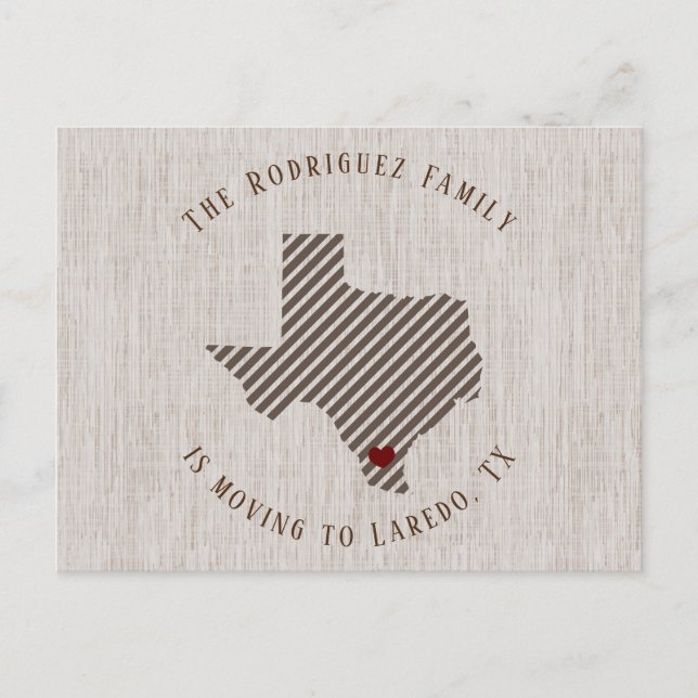 South Texas Brown Linen and Heart Texas Moving Announcement Postcard (Front)