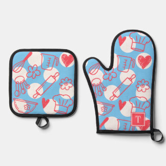 Southern Baking Polka Dot Pattern Recipe Oven Mitt & Pot Holder Set