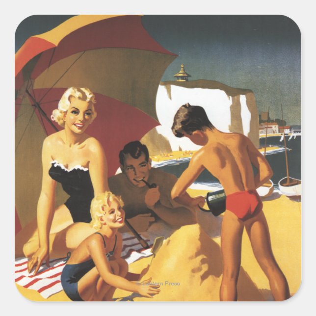 Southern British Railways Family on Beach Square Sticker (Front)