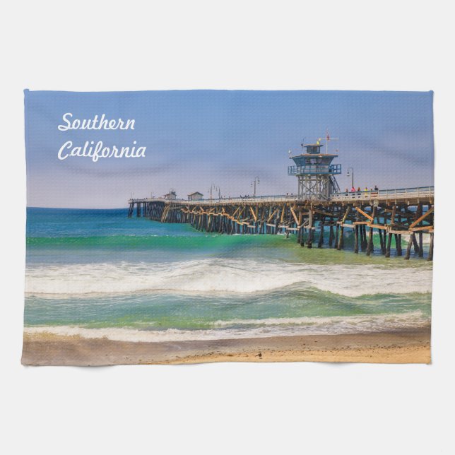 Southern California beach and pier in San Clemente Tea Towel (Horizontal)