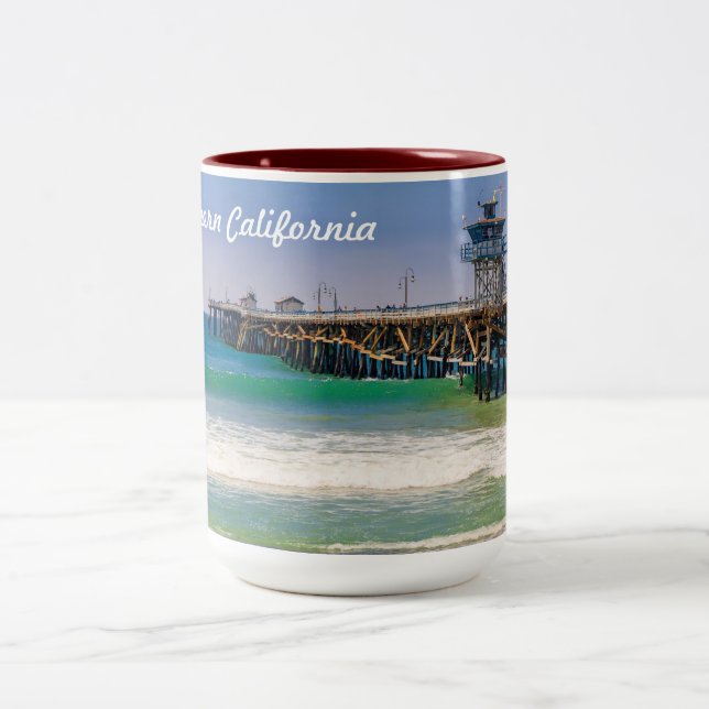 Southern California beach and pier in San Clemente Two-Tone Coffee Mug (Center)