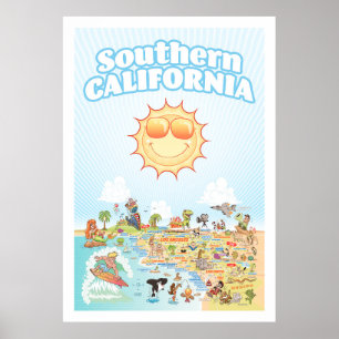 Southern California Cartoon Map Poster