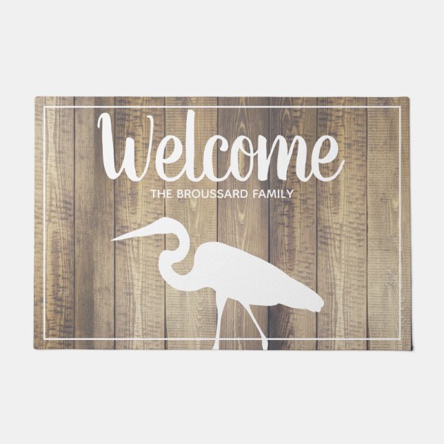 Southern Coastal Birds White Egret & Wood Planks Doormat (Front)