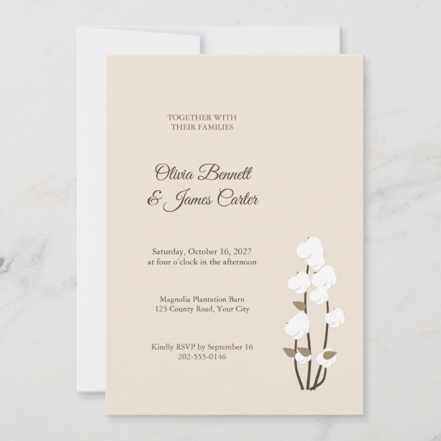 Southern Cotton Stem Rustic Wedding Invitation (Front)