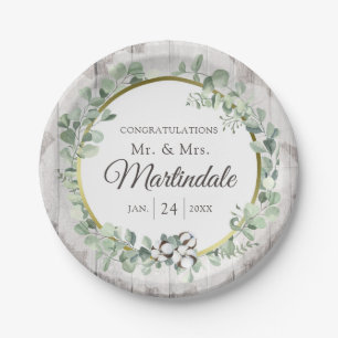 Southern Country Cotton Boll Botanical Rustic Wood Paper Plate