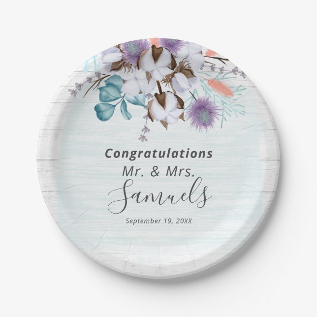 Southern Country Cotton Boll Botanical Rustic Wood Paper Plate (Front)