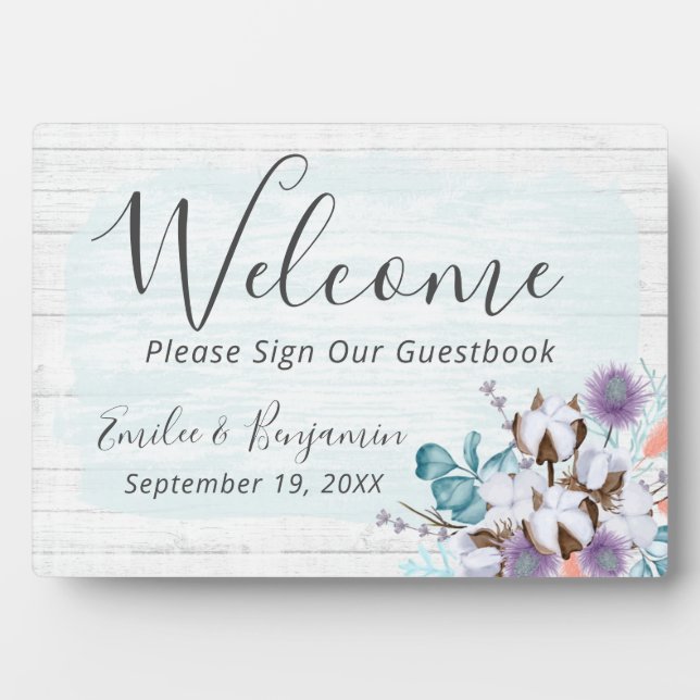 Southern Country Cotton Welcome Wedding Guestbook Plaque (Front)