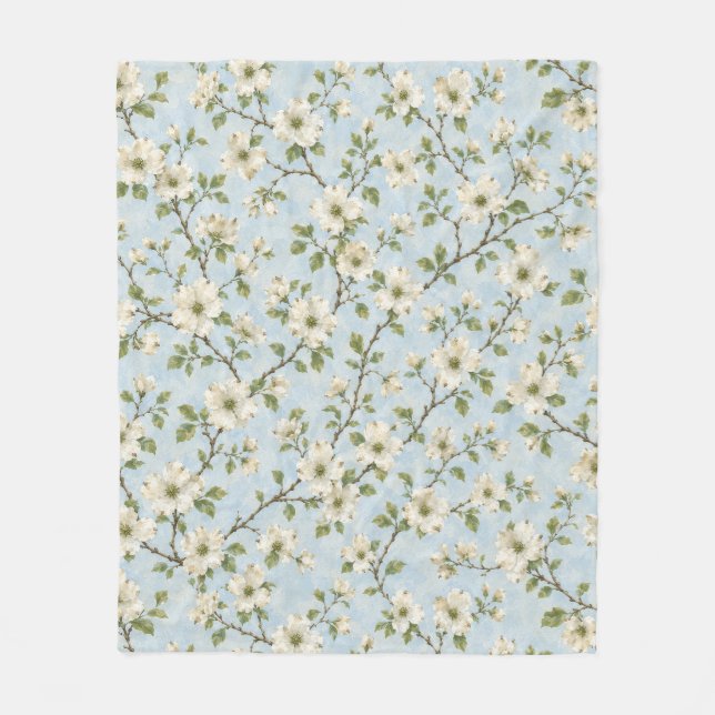 Southern Dogwood Blossom Pattern on Soft Blue Fleece Blanket (Front)