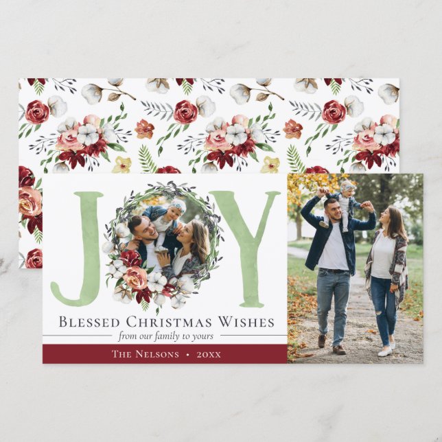 Southern Floral Cotton Christmas Joy Holiday Photo Card (Front/Back)