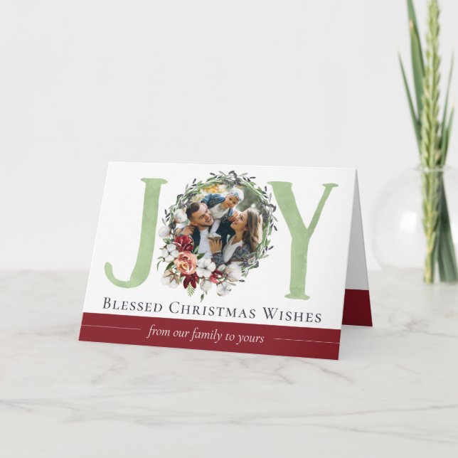 Southern Floral Cotton Christmas Joy Holiday Photo Card (Front)