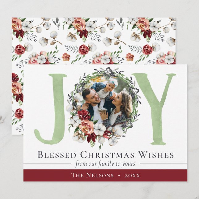 Southern Floral Cotton Christmas Joy Holiday Photo Card (Front/Back)