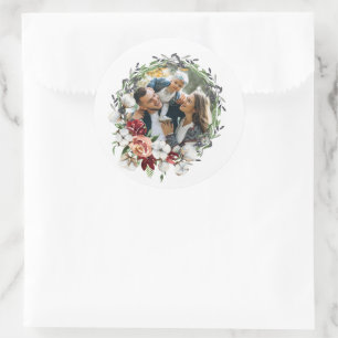 Southern Floral Cotton Christmas Wreath Photo Classic Round Sticker