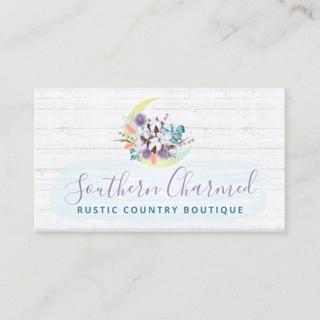 Southern Floral Cotton Moon & Rustic Wood Country Business Card (Front)