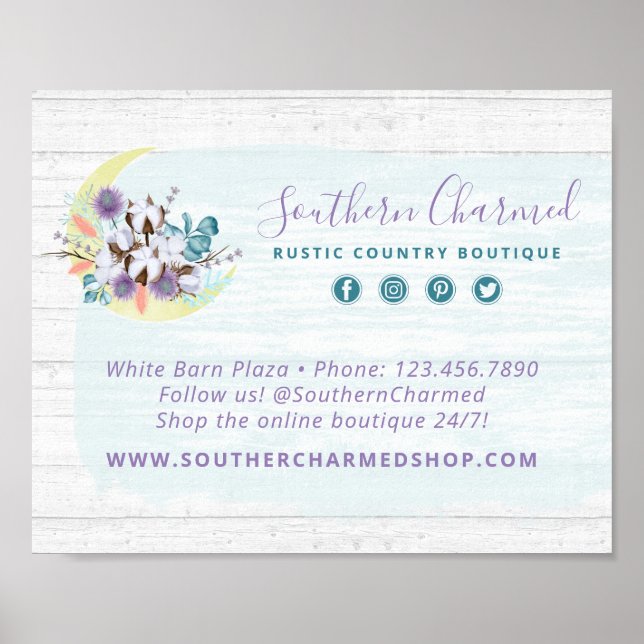 Southern Floral Cotton Moon & Rustic Wood Country Poster (Front)