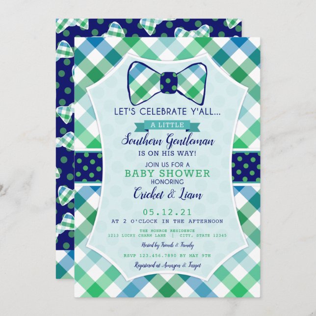 Southern Gentleman Plaid and Bowtie Baby Boy Invitation (Front/Back)